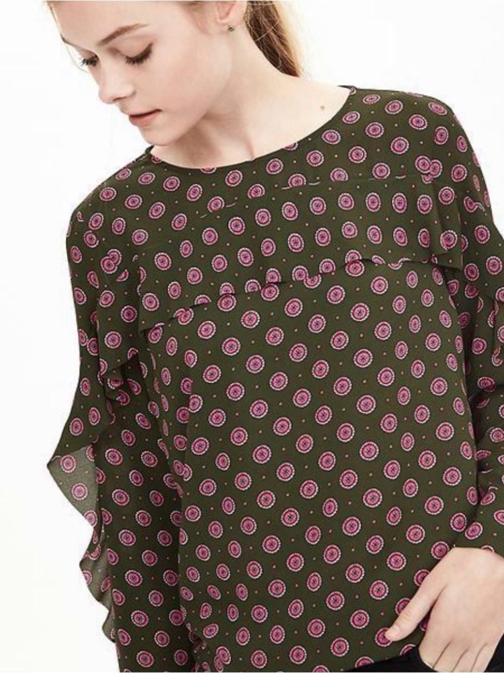 Banana Republic Printed Ruffle-Frontโ Blouse Green Pink, Polyester Size L petite
